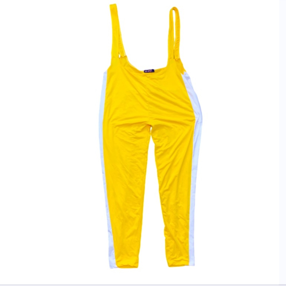 New! Yellow Stretchy Jumpsuit Bright White Leg Stripe Romper Pantsuit Overalls
